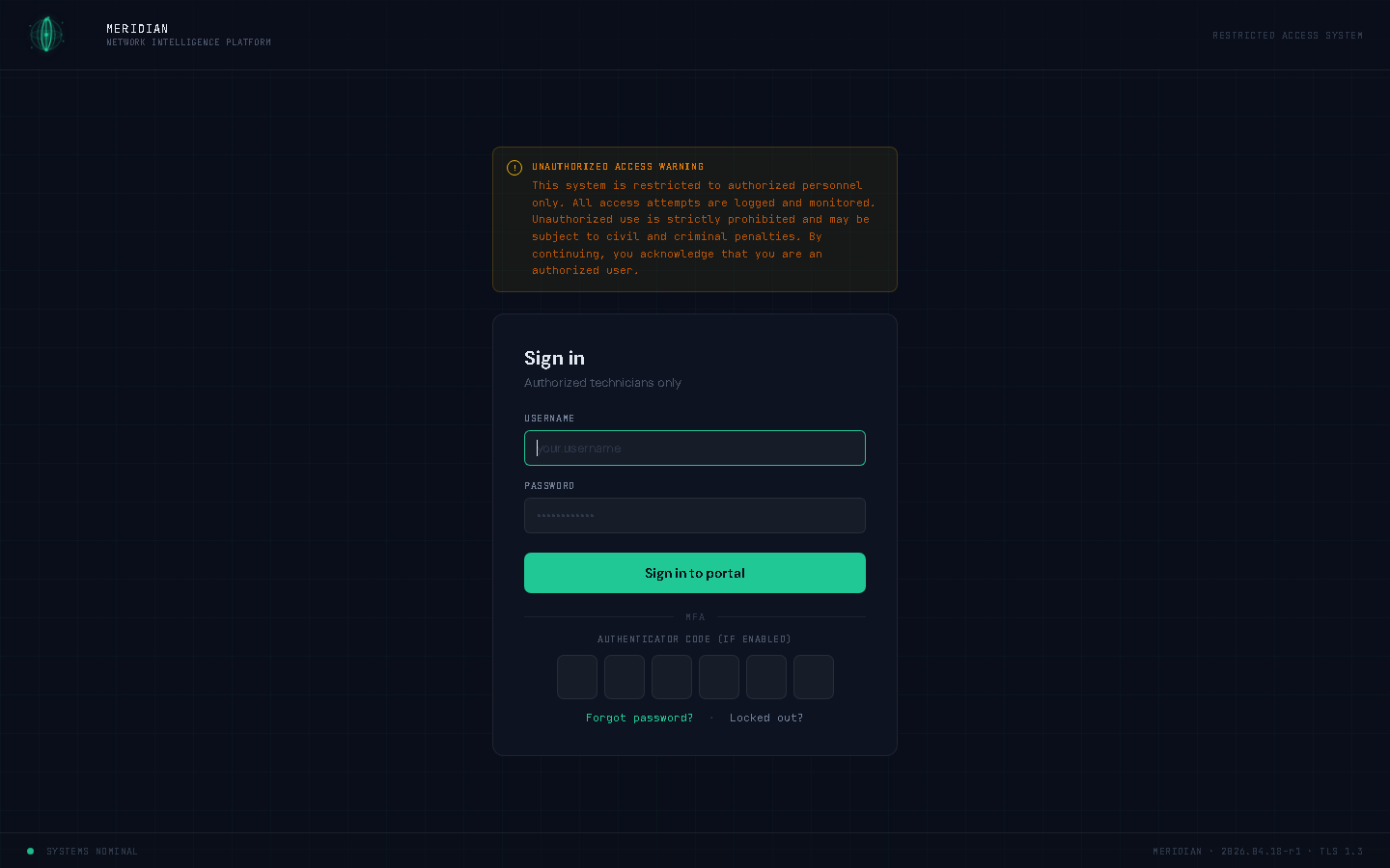 Meridian portal sign-in page — dark theme, MFA-gated, with the unauthorized-access warning.